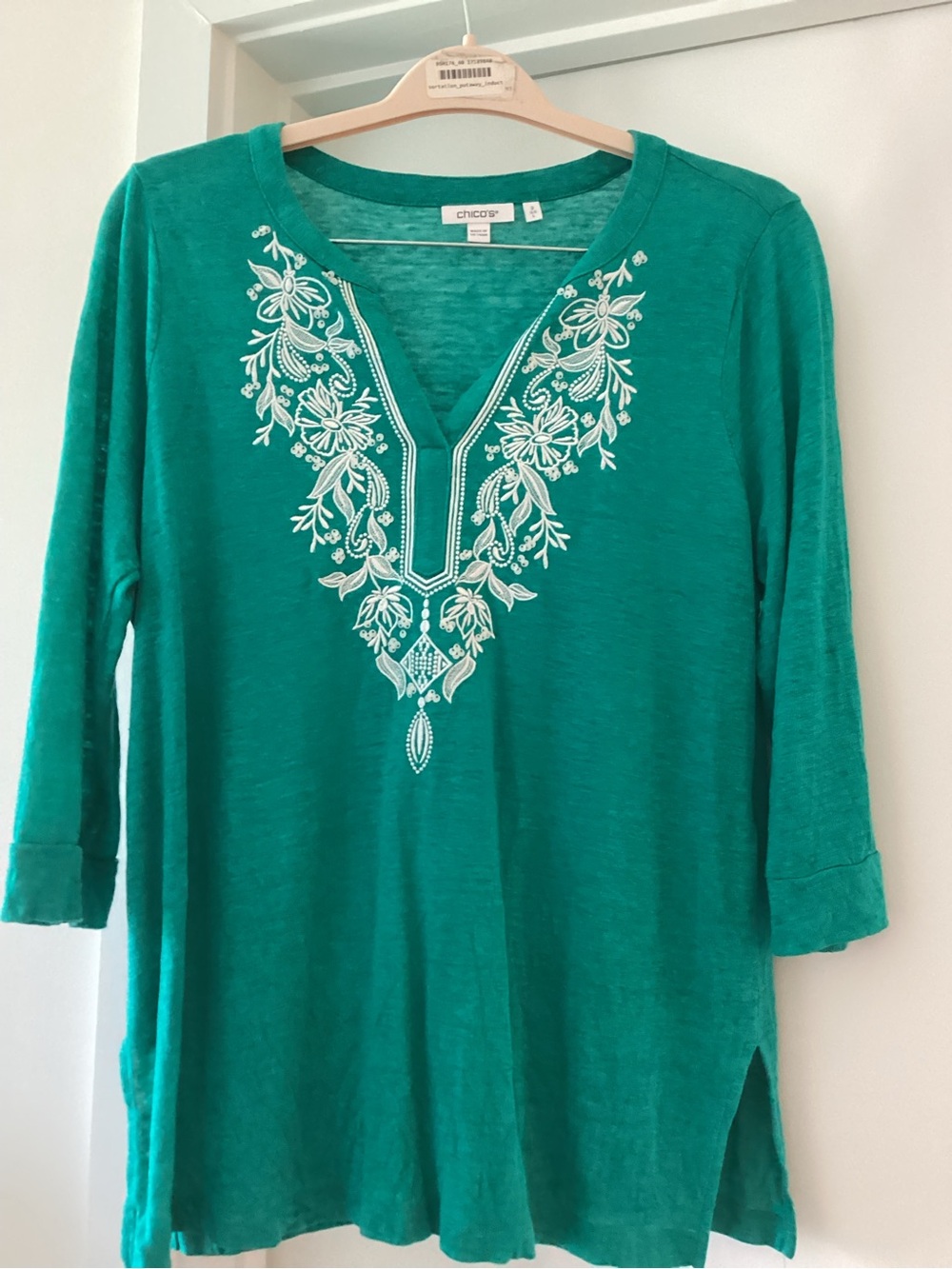 Chico's Teal Embroidered V-Neck Tunic